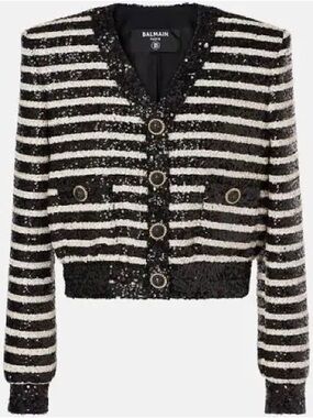 Balmain Black & White Striped Sequence Cropped Tweed Jacket